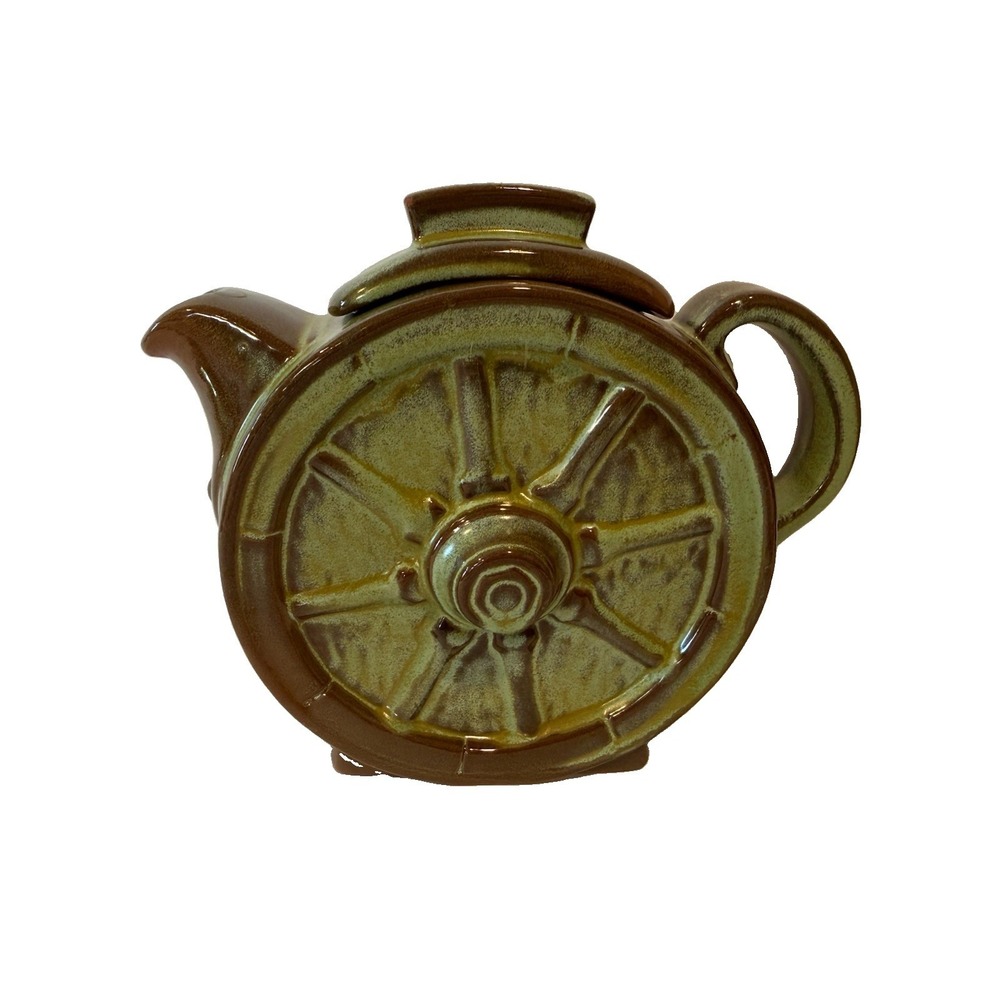 Vintage Frankoma Pottery Wagon Wheel Teapot Prairie Green Brown Ceramic Tea Pot
